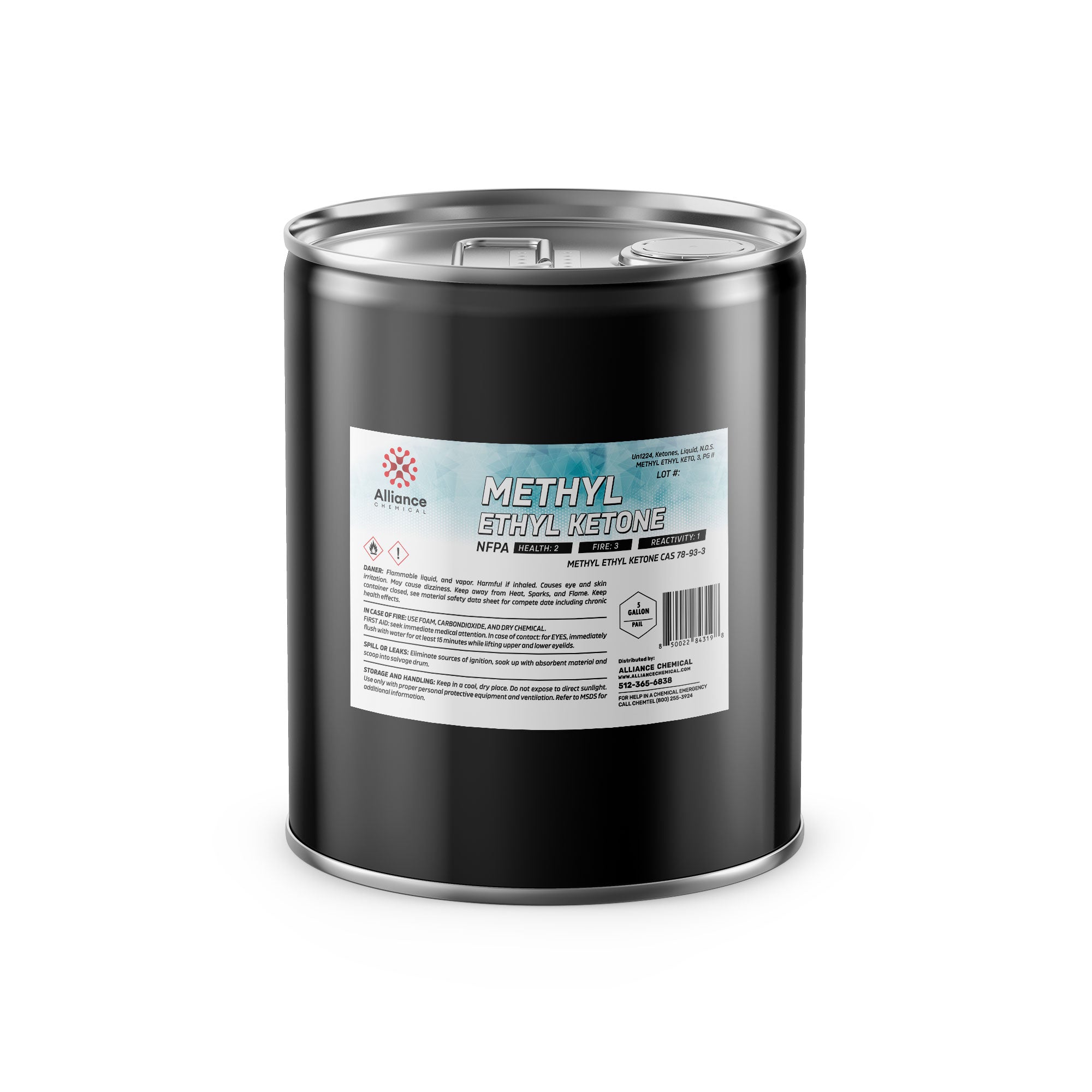 5-gallon steel drum of Methyl Ethyl Ketone (MEK) industrial solvent by Alliance Chemical, featuring NFPA diamond, CAS identification, and flammable warning labels.